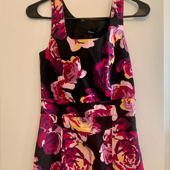 Express Floral Roses Print Black, Pink and Purple Sleeveless Cotton Sheath Dress - Picture 3 of 6